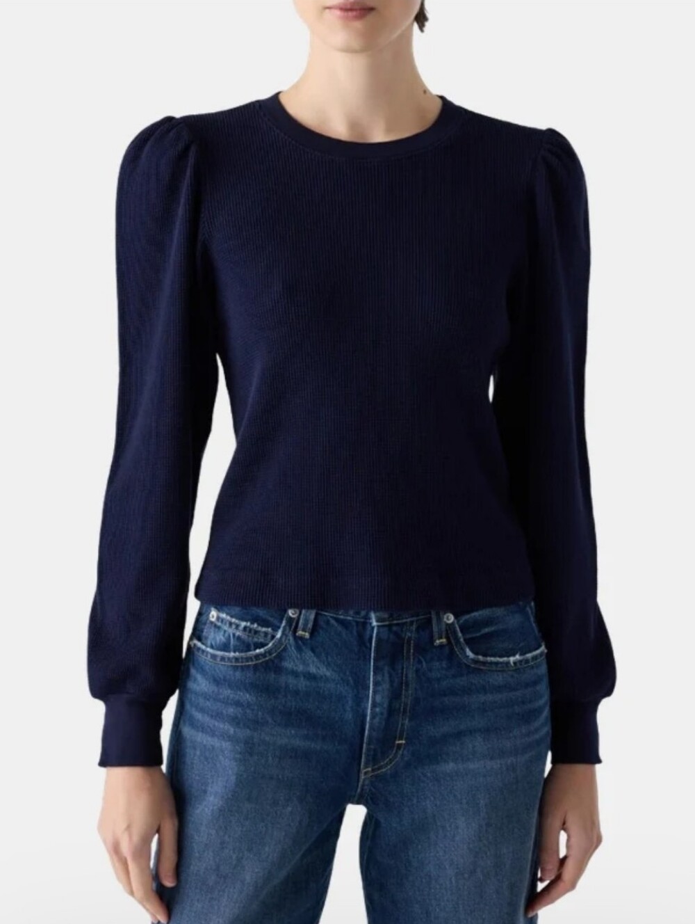 AMO Girly Thermal Navy Puff-Sleeve Ribbed Crewneck Sweater. Size M
